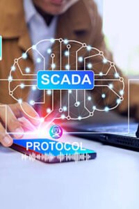 SCADA supervisory control and data acquisition concept with a man programming and logic setting for real time checking and data analysis control process and monitor on human machine interface